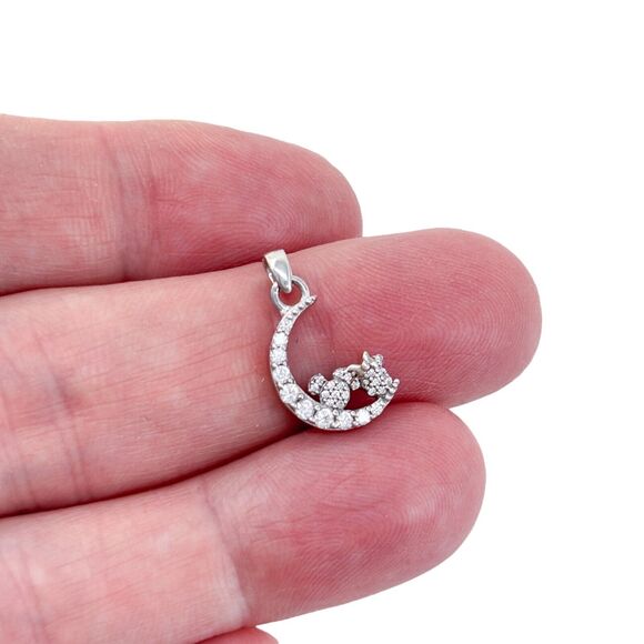 Vintage Sterling Silver Cubic Zirconia Minnie & Mickey Mouse Crescent Moon Penda - Picture 1 of 7